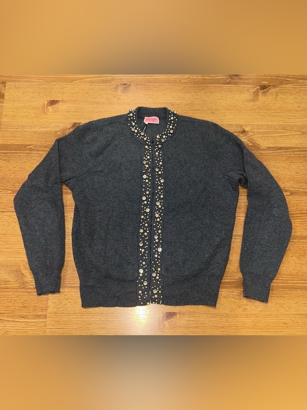 Kate Spade New York Cashmere Cardigan Sweater Gray Rhinestones & Pearls Small